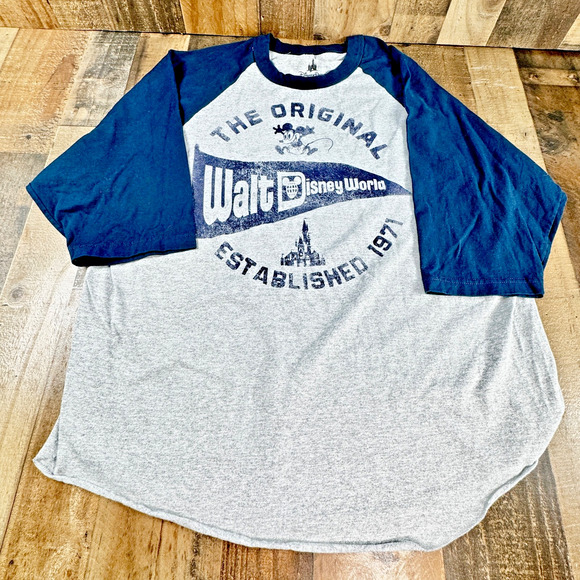 WALT DISNEY WORLD Baseball Shirt Gray w Blue Sleeves Mens Size XXL Disney Parks - Picture 2 of 8